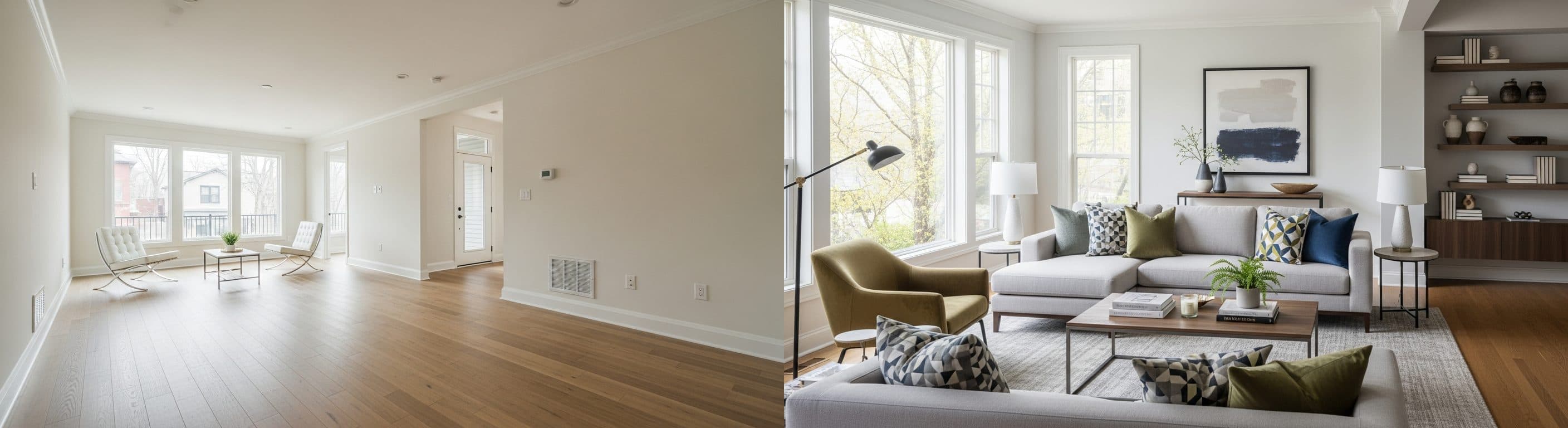 Wohnzimmer: vor vs. nach virtuellem Staging