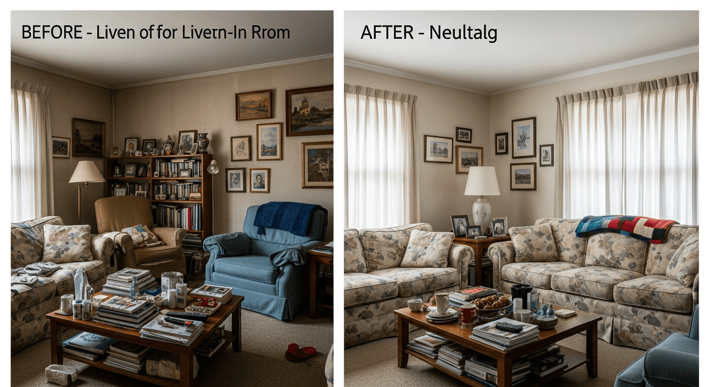Vorher-Nachher-Transformation durch Home Staging: Ein unordentlicher Raum verwandelt sich in einen geräumigen, einladenden Bereich