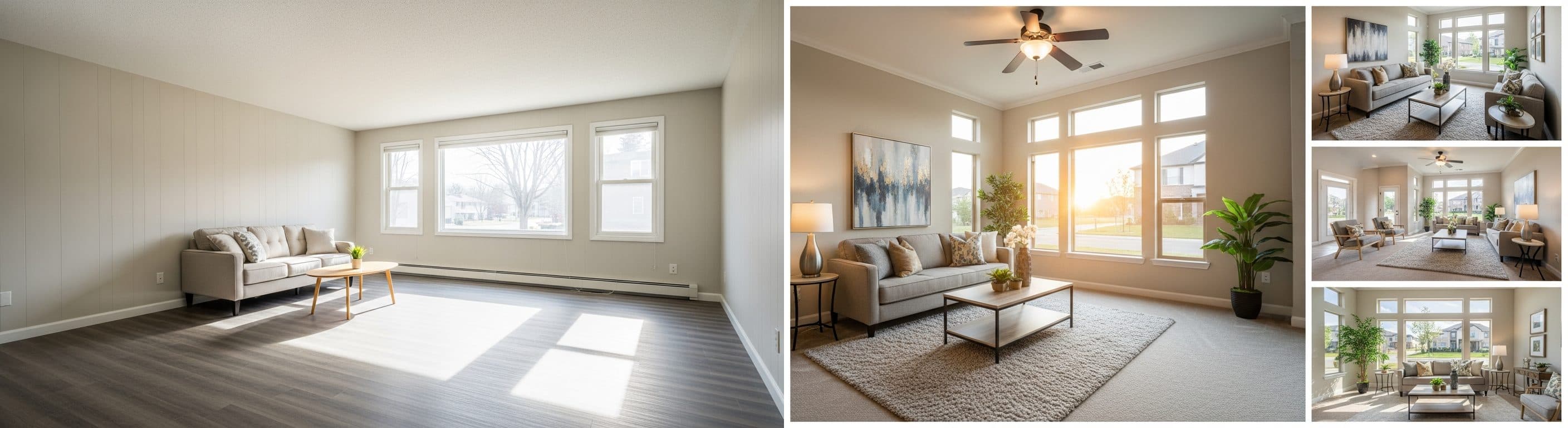 Wohnzimmer: Vorher vs. Nachher virtuelles Staging