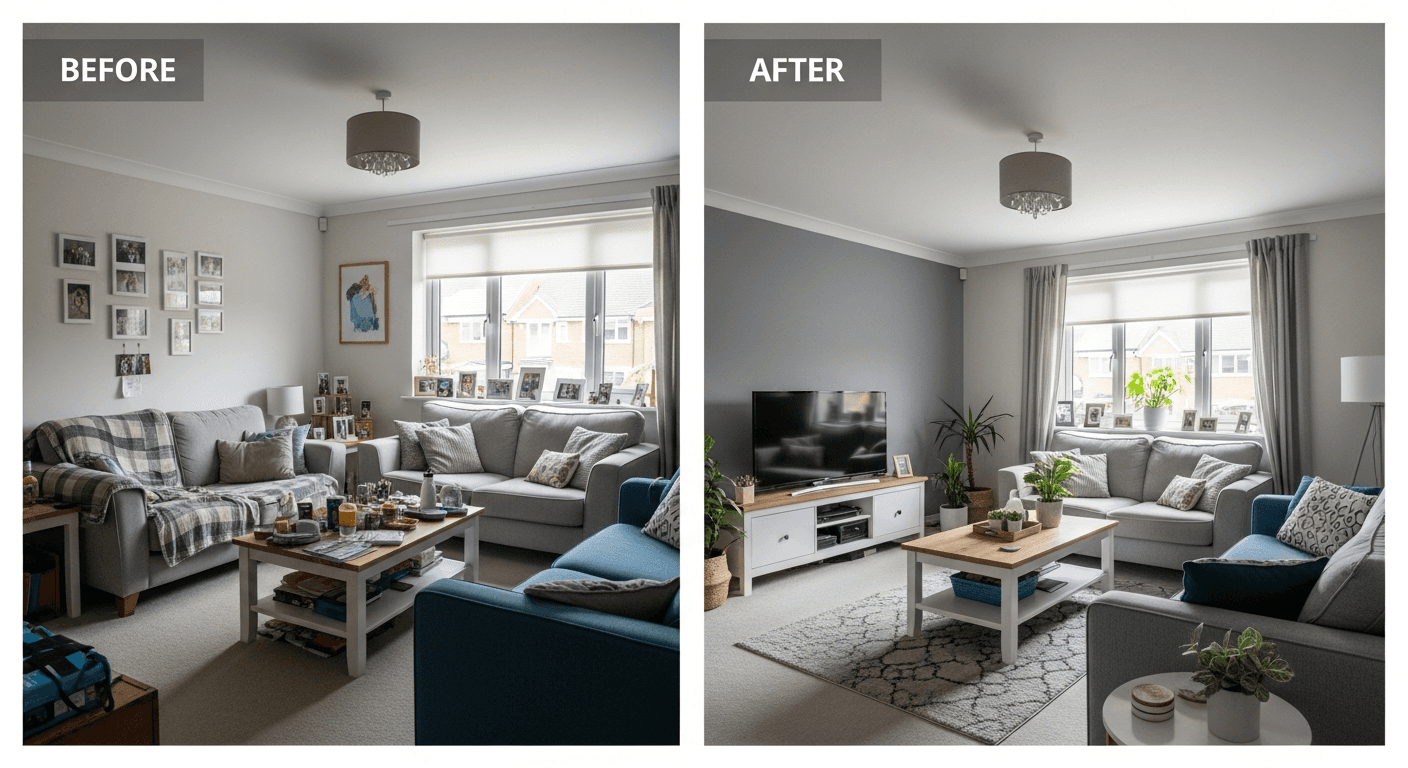 Vorher-Nachher-Bild eines gestagten Wohnzimmers, das schnelle Home Staging Tipps in Aktion zeigt
