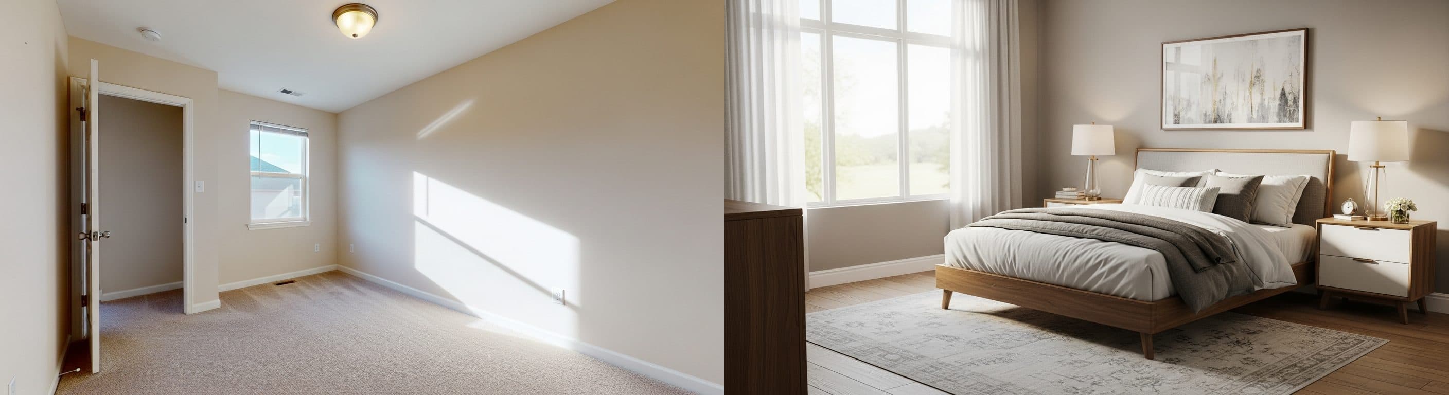 Schlafzimmer: vor vs. nach virtuellem Staging