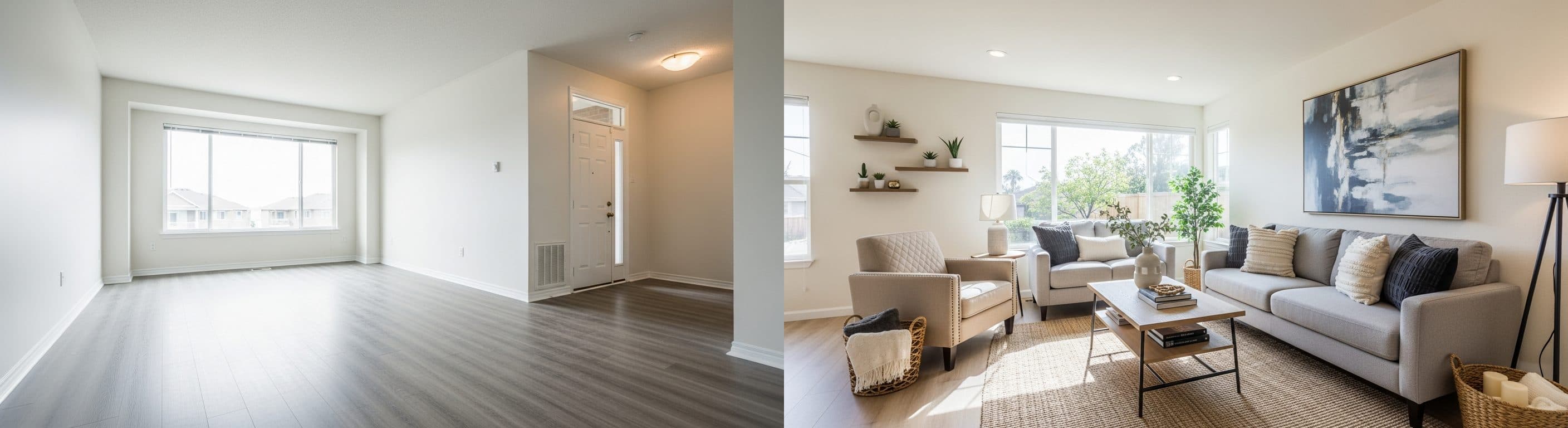 Wohnzimmer: vor vs. nach virtuellem Staging