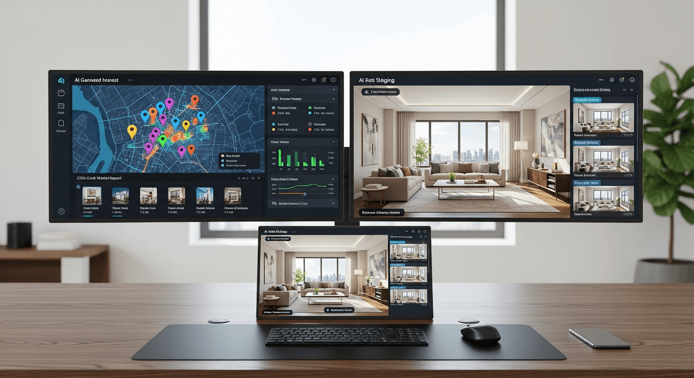 Modernes Immobilienbüro mit KI-Tools auf Bildschirmen