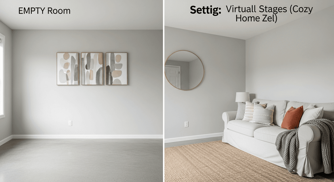 Vorher-Nachher-Bild eines leeren Raumes, der durch KI-virtuelles Staging verwandelt wurde