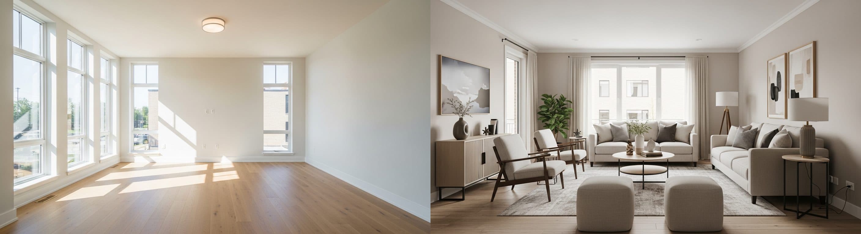 Wohnzimmer (Hero-Shot): vorher vs. nachher Virtual Staging