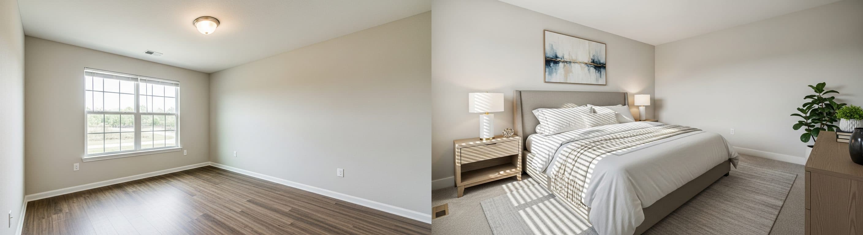 Hauptschlafzimmer (ruhiger Lifestyle-Shot): vorher vs. nachher Virtual Staging
