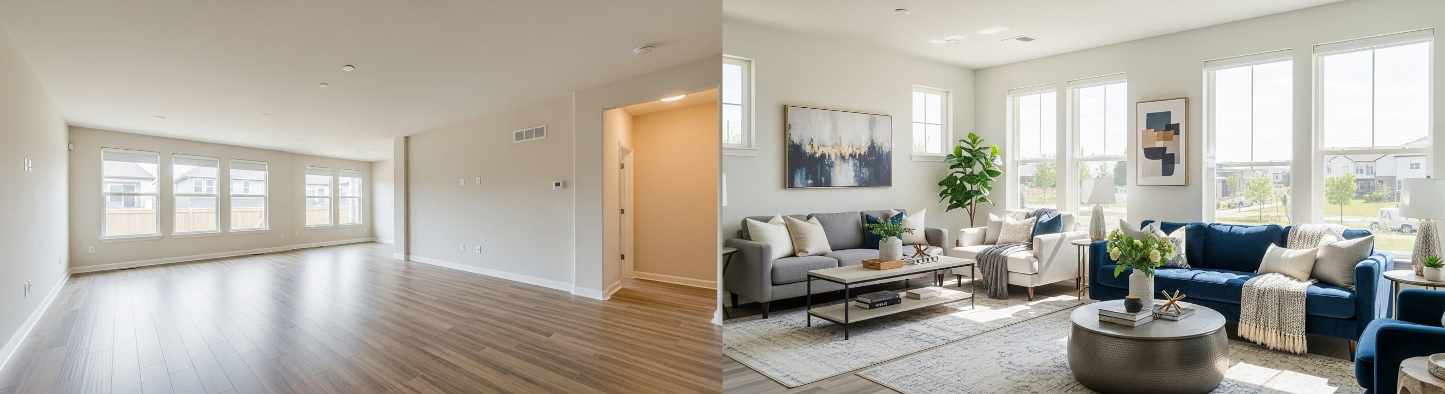 Wohnzimmer: Vorher vs. Nachher virtuelles Staging