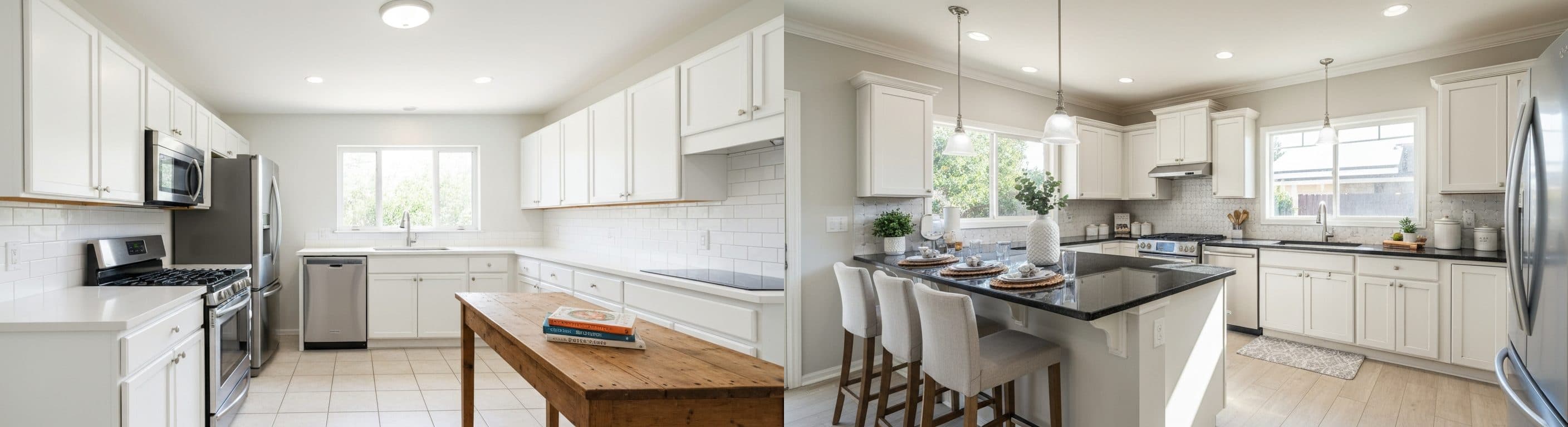 Küche: vor vs. nach virtuellem Staging