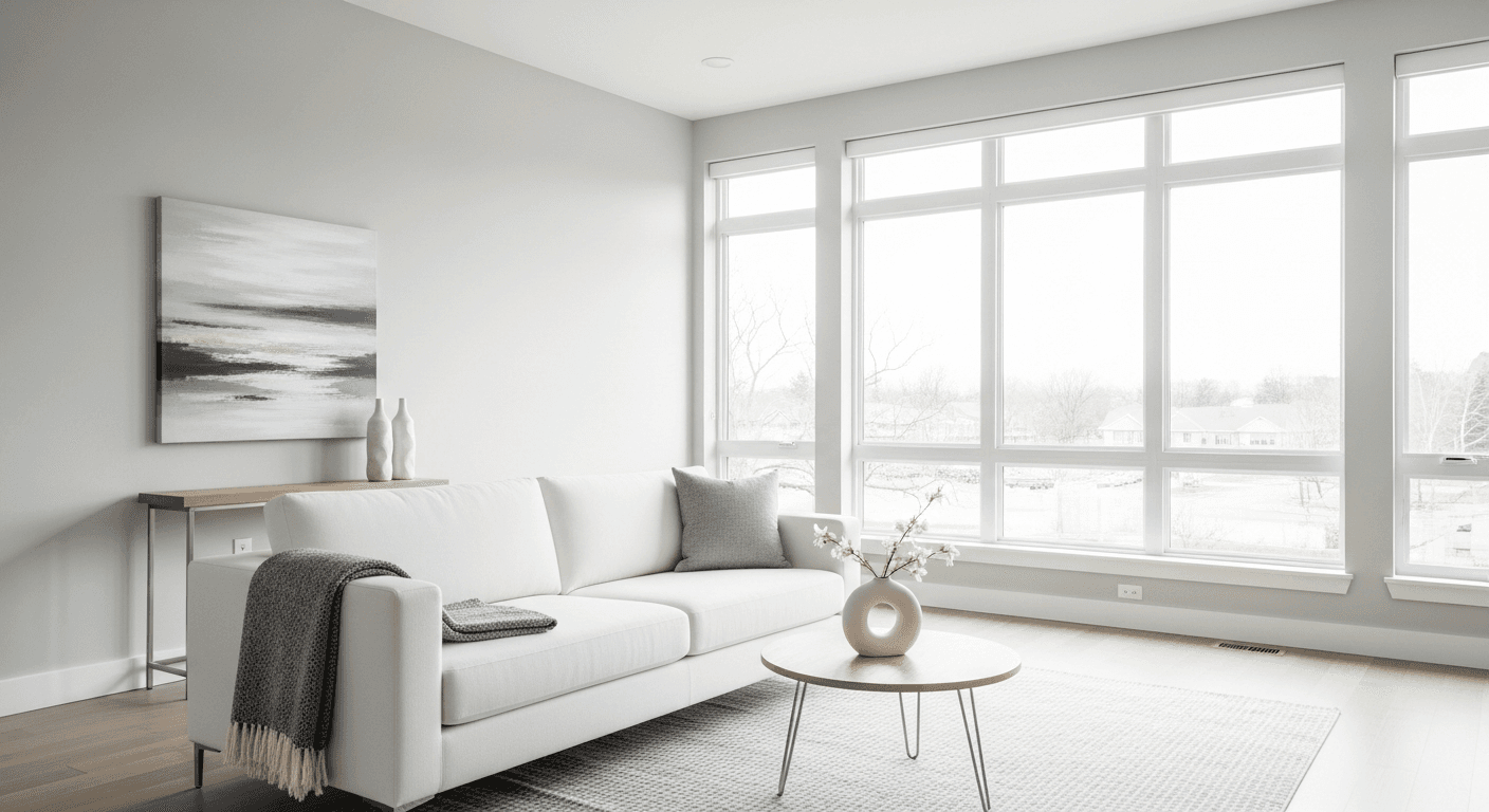 Ein ruhiges Wohnzimmer mit neutralen Tönen, beigefarbenen Wänden, einfachen Möbeln und natürlichem Licht, das Ruhe und Möglichkeiten für Hauskäufer ausstrahlt.