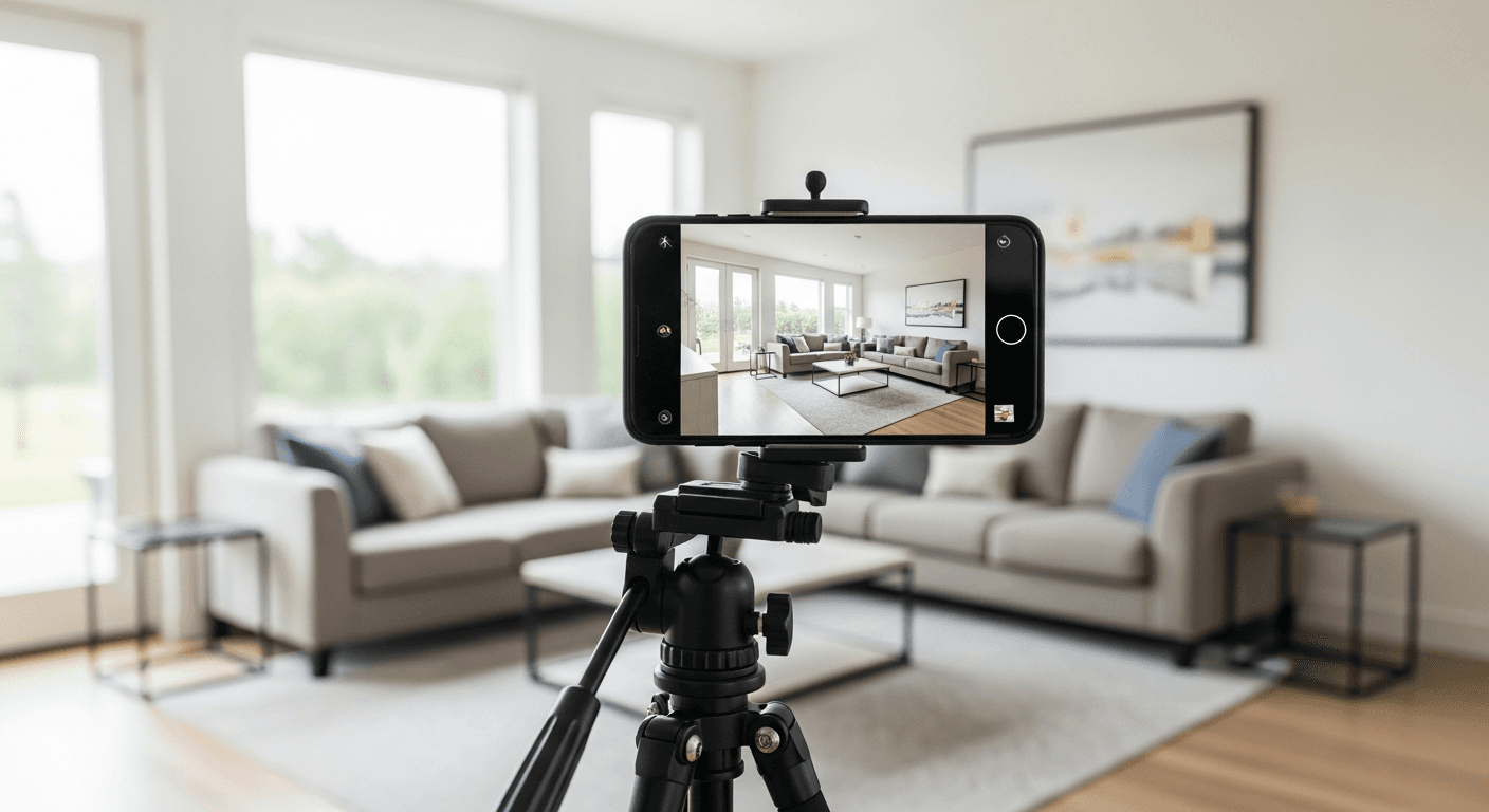 Smartphone nimmt ein gut beleuchtetes Wohnzimmer für Immobilienanzeige auf