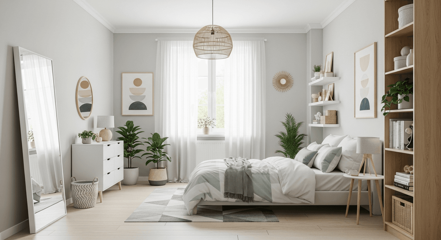 Staged children's room looking spacious and calm with neutral colors and multifunctional furniture