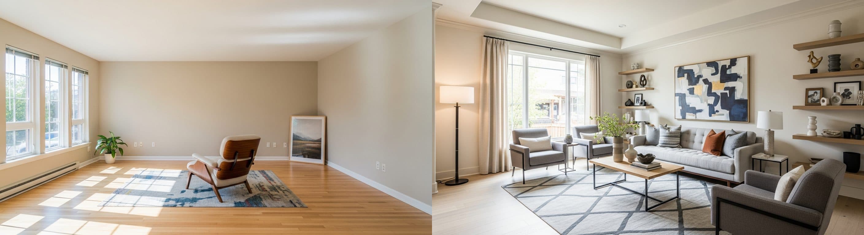 Wohnzimmer: vor vs. nach virtuellem Staging