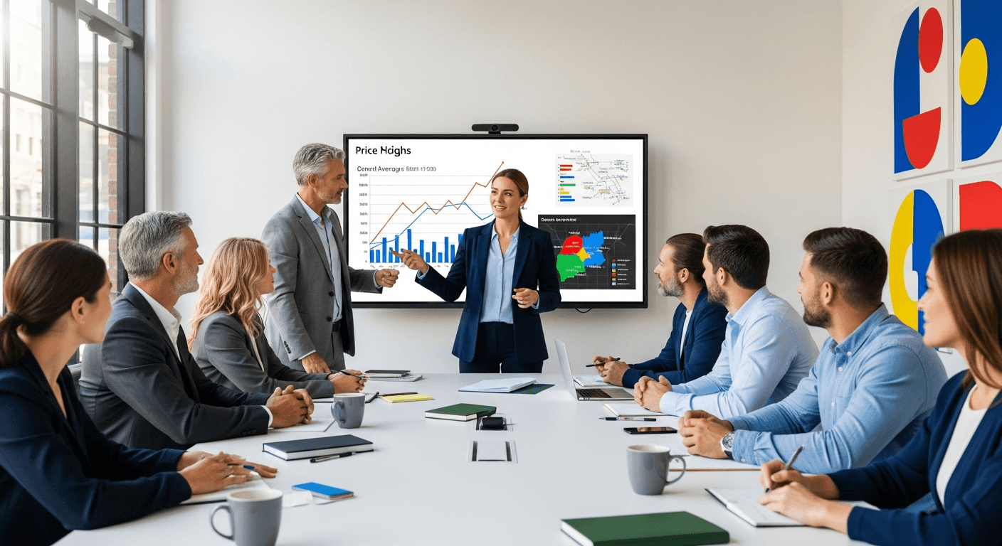 Immobilienmakler bespricht Preis-Updates mit Kunden in einem modernen Wohnambiente