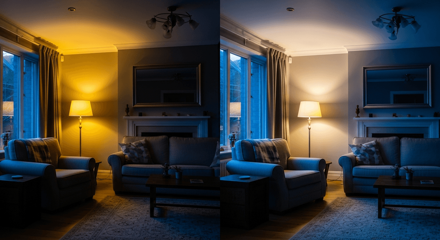 Vorher-Nachher-Bild, das die Korrektur gemischter warmer und kalter Farbtemperaturen in einem Immobilienfoto zeigt