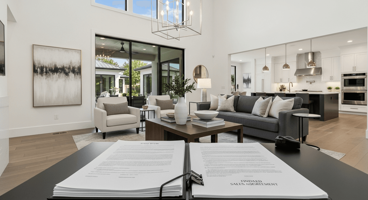 Organisierter Stapel von Immobiliendokumenten mit einem gestagten Haus im Hintergrund