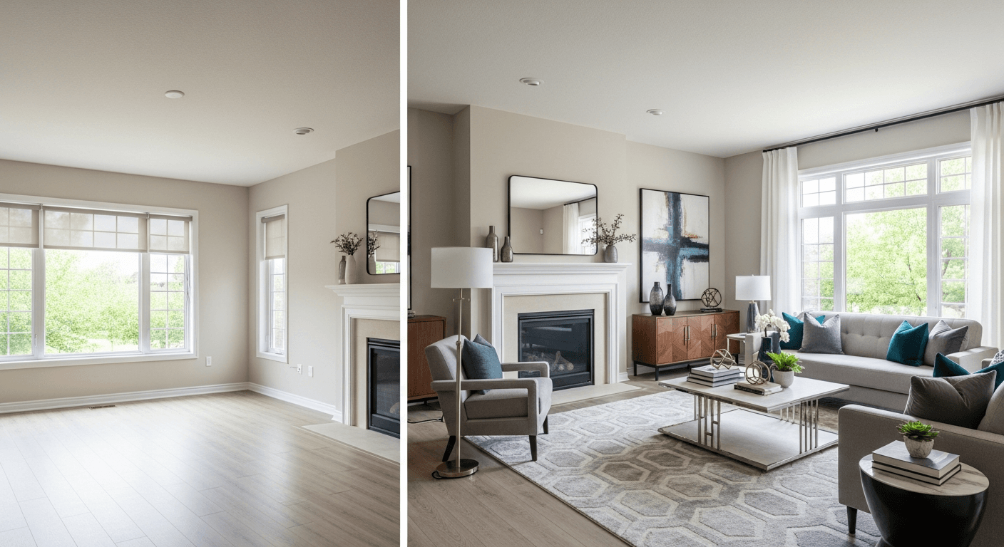 Wohnzimmer: Vorher vs. nach virtuellem Staging