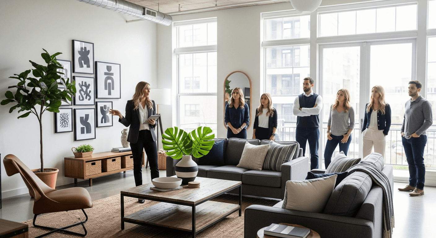 Real estate agent discussing property with buyers during a viewing, addressing objections calmly