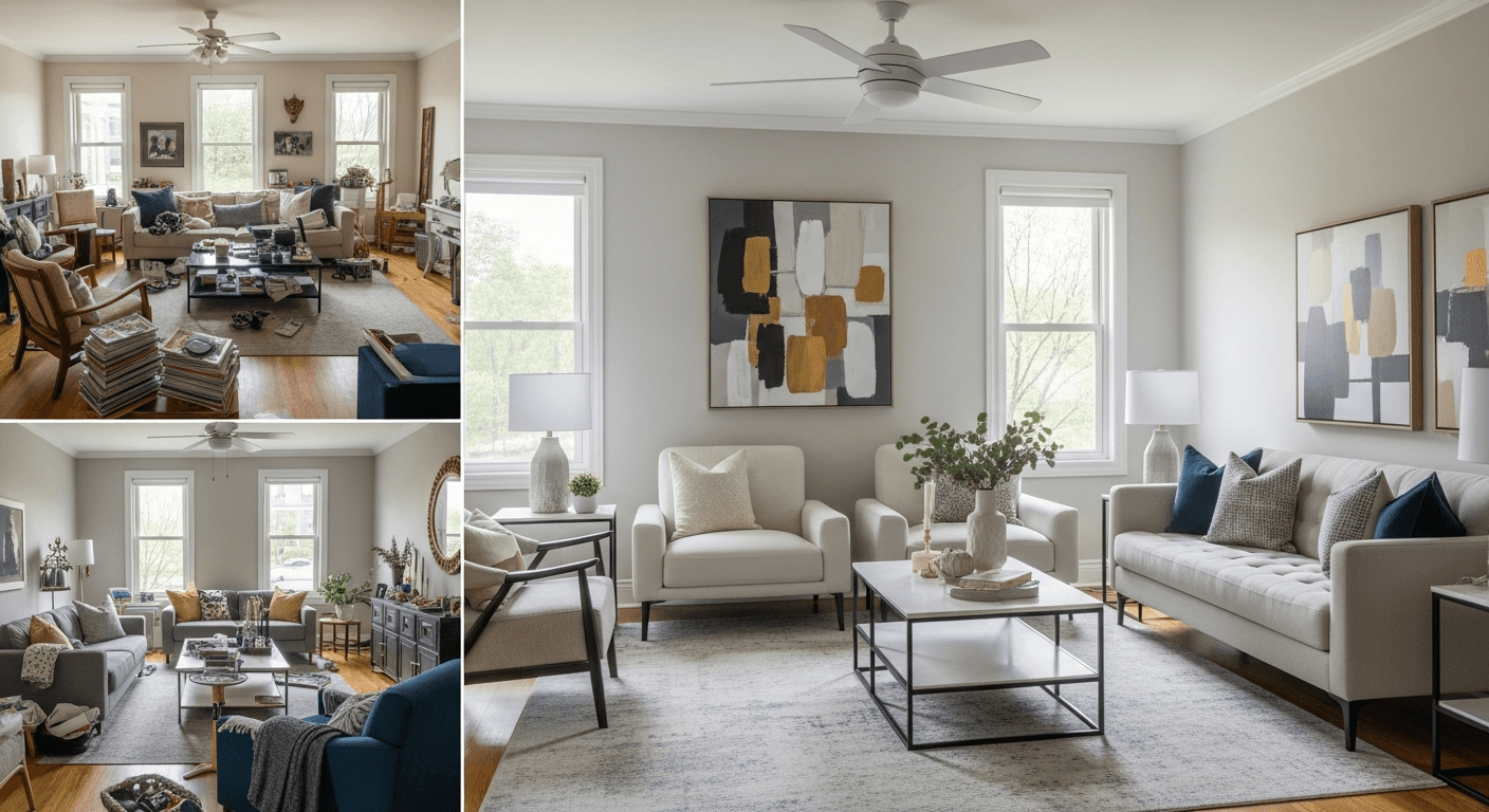 Before and after home staging example showing a cluttered room transformed into a modern living space