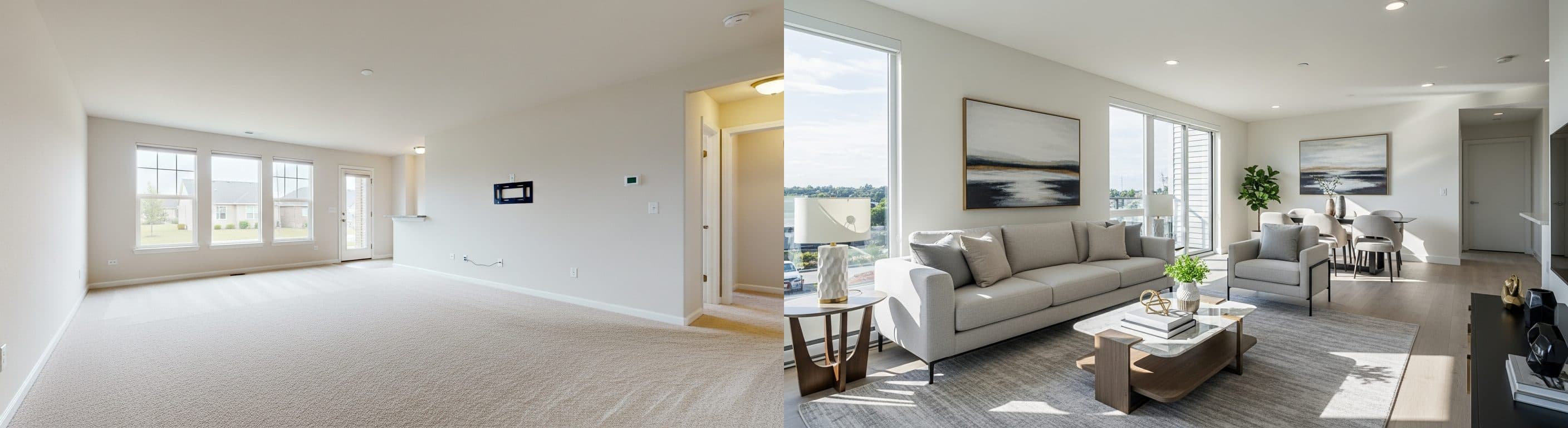 Wohnzimmer: Vorher vs. Nachher virtuelles Staging