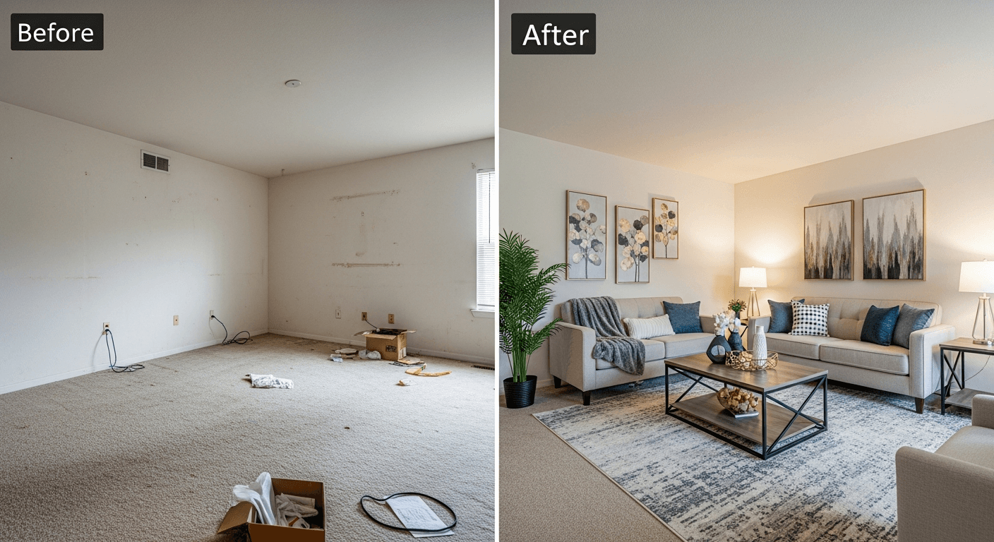 Vorher-Nachher-Home-Staging-Transformation eines Wohnzimmers