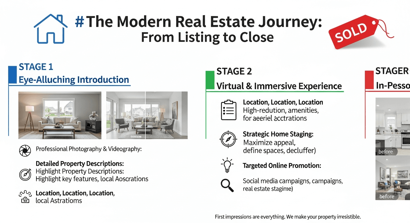 Illustration of a 3-stage home staging follow-up system showing prospects turning into buyers with virtual staging elements