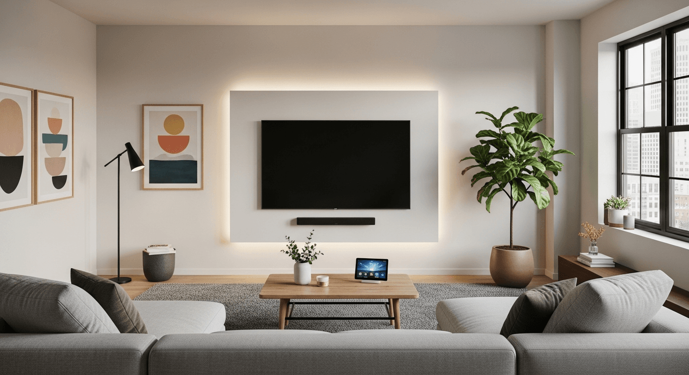 Ein modernes Wohnzimmer, das mit minimalistischen Möbeln für junge Berufstätige inszeniert wurde