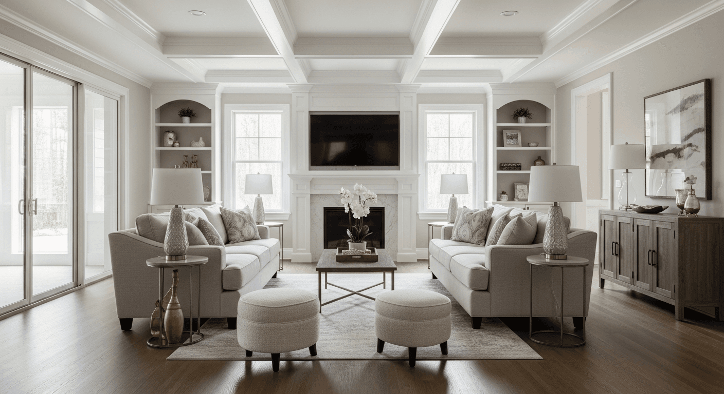 Modern living room with updated floors, neutral walls, and enhanced ceilings showcasing high ROI home staging