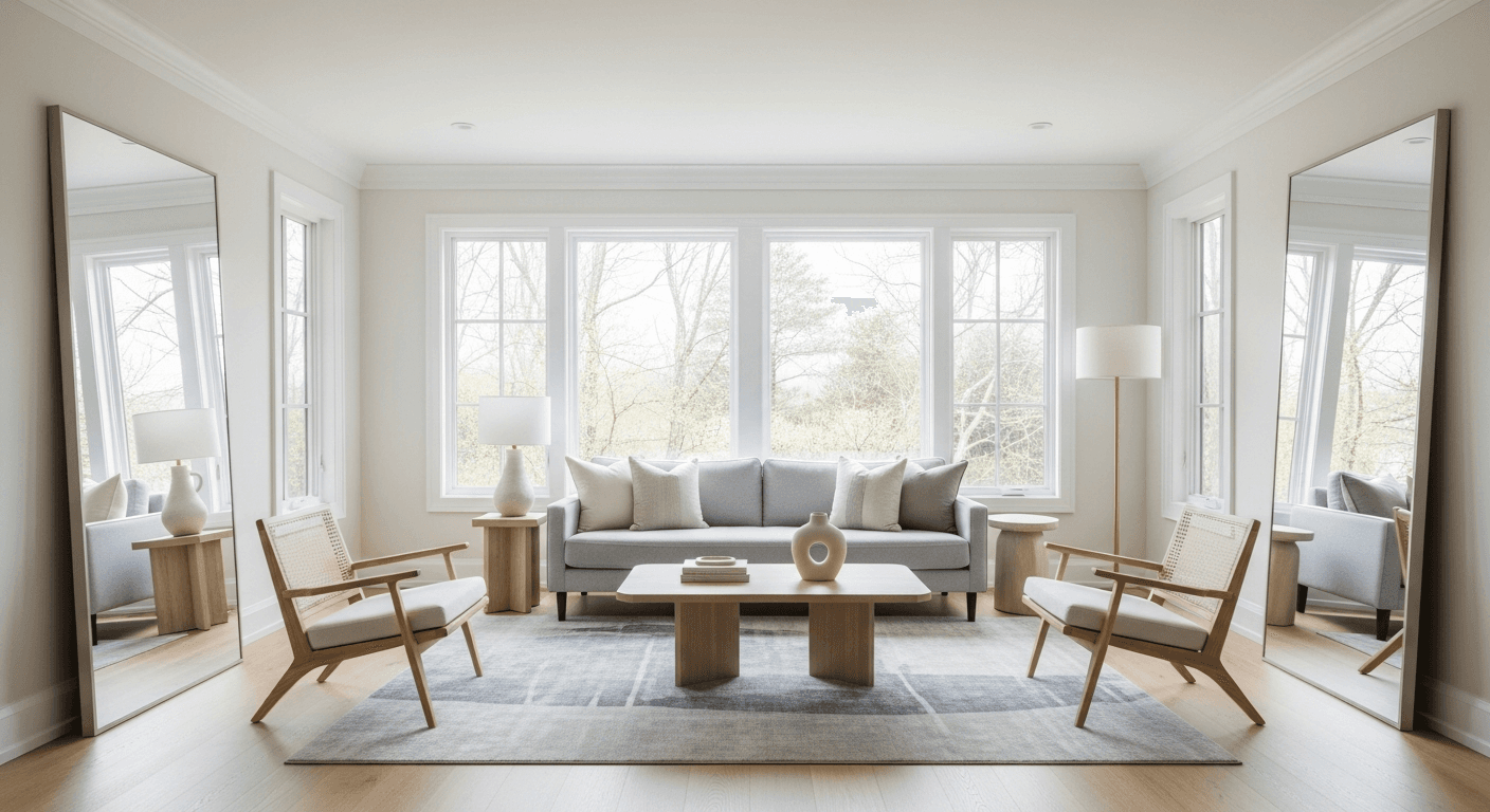 Bright living room with mirrors and neutral tones making space look larger