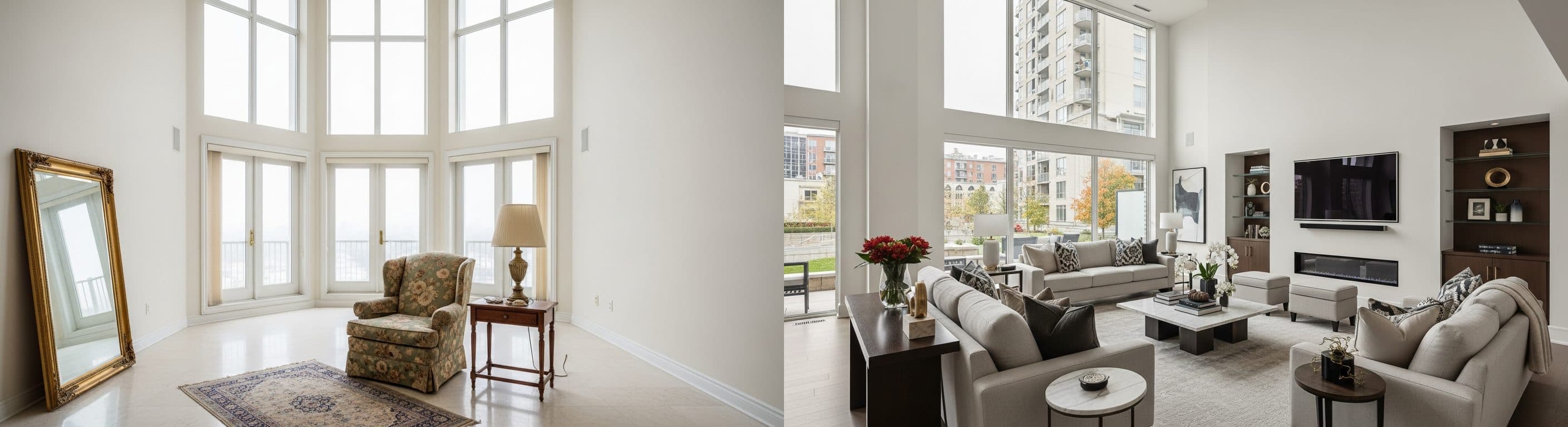 Luxus-Wohnzimmer: Vorher vs. Nachher virtuelles Staging