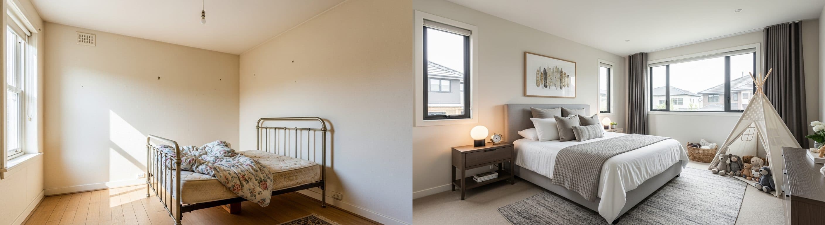 Familien-Schlafzimmer: Vorher vs. Nachher virtuelles Staging