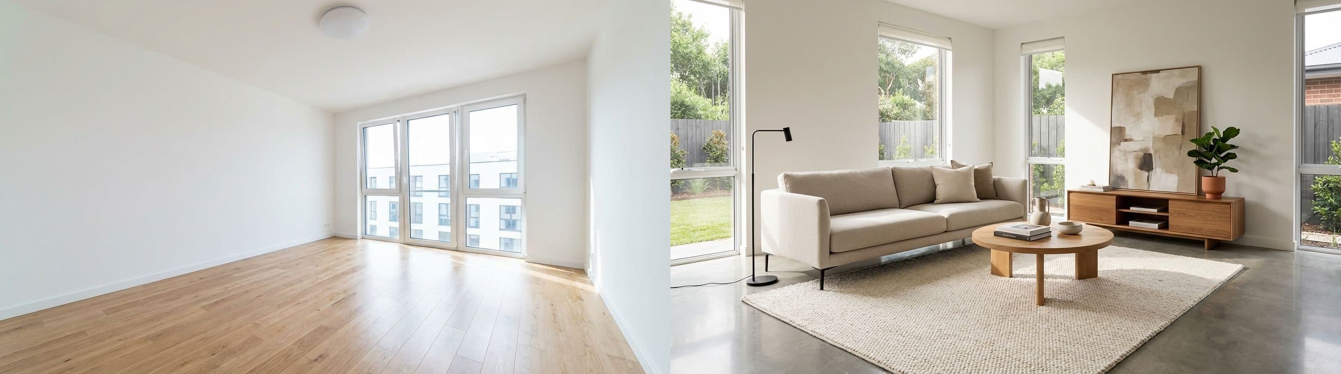Wohnzimmer: vorher vs. nachher Virtual Staging