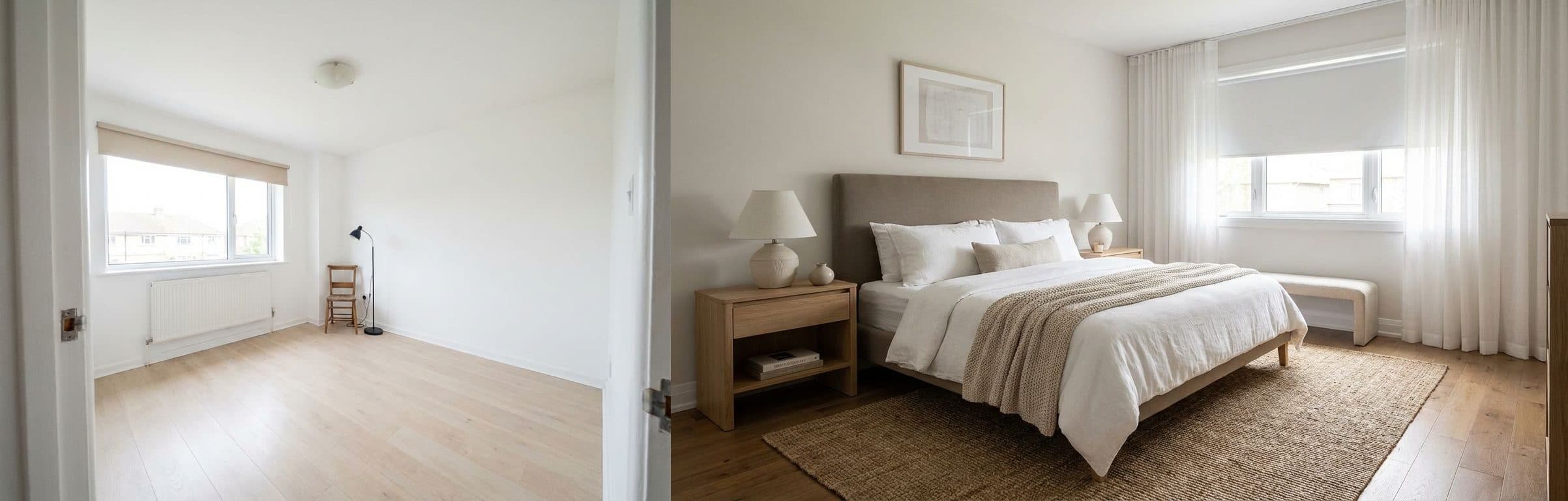 Hauptschlafzimmer: vorher vs. nachher Virtual Staging