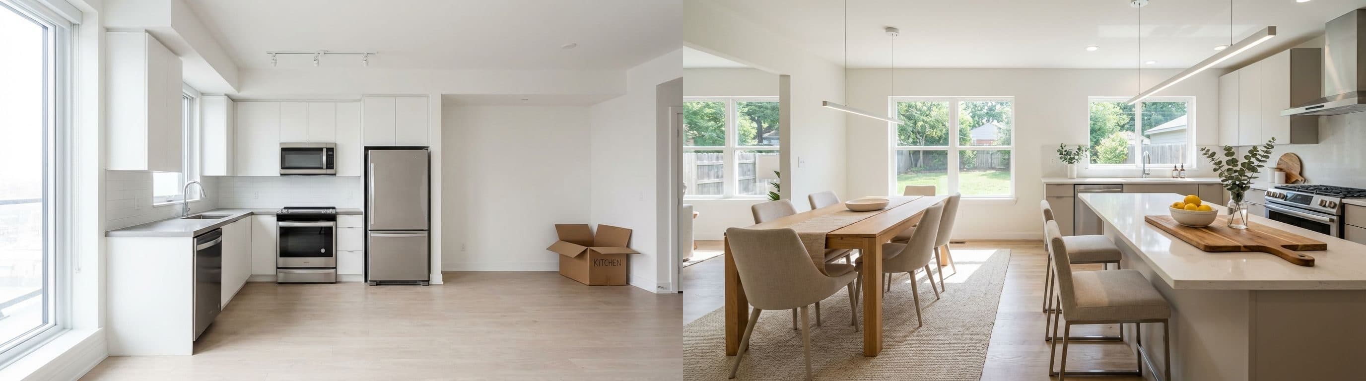 Offene Küche & Essbereich: vorher vs. nachher Virtual Staging