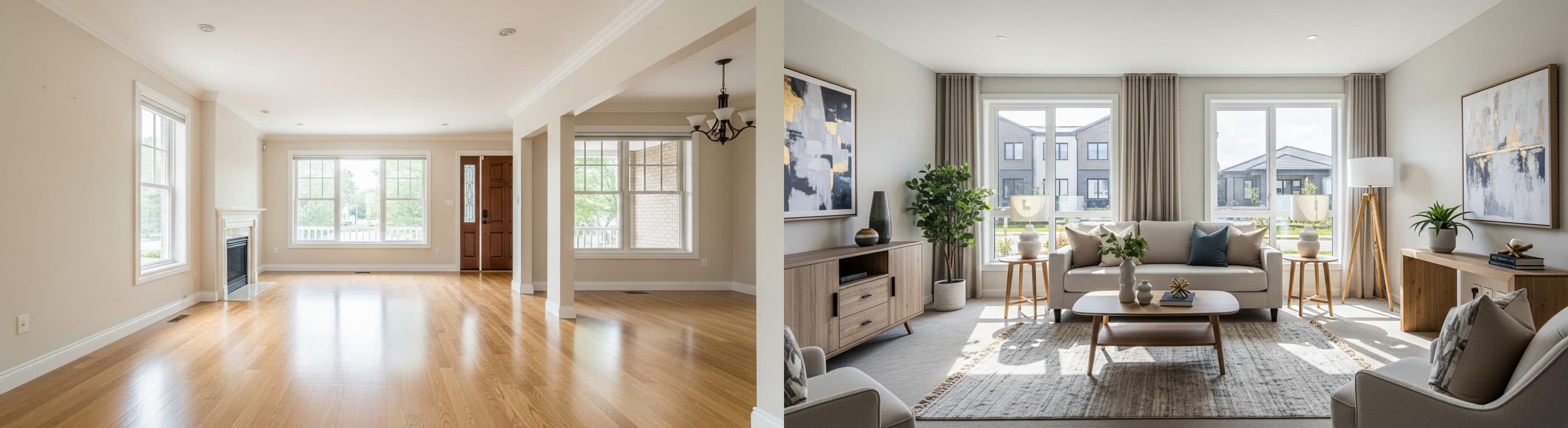 Wohnzimmer: vor vs. nach virtuellem Staging