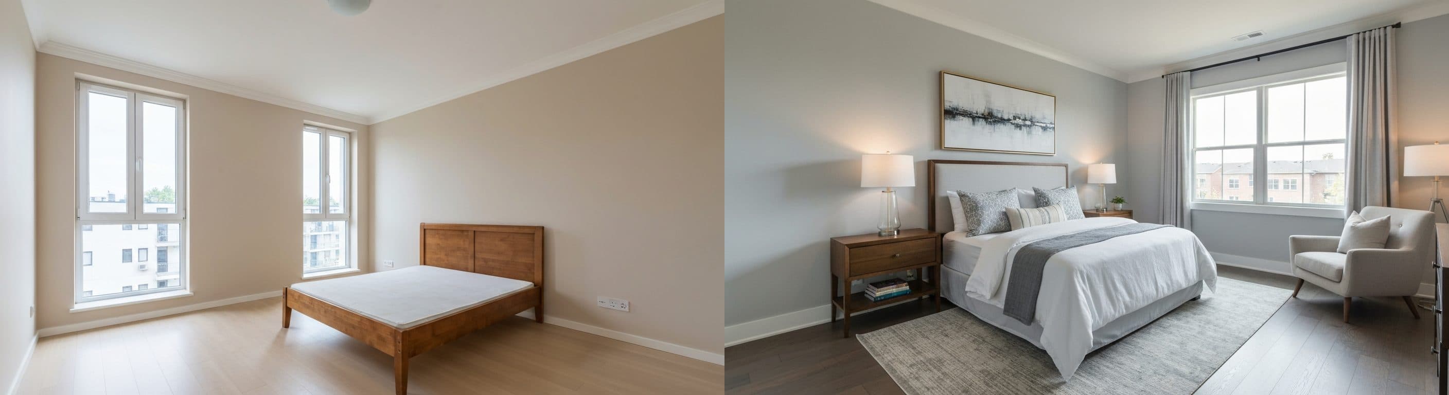 Schlafzimmer: vor vs. nach virtuellem Staging