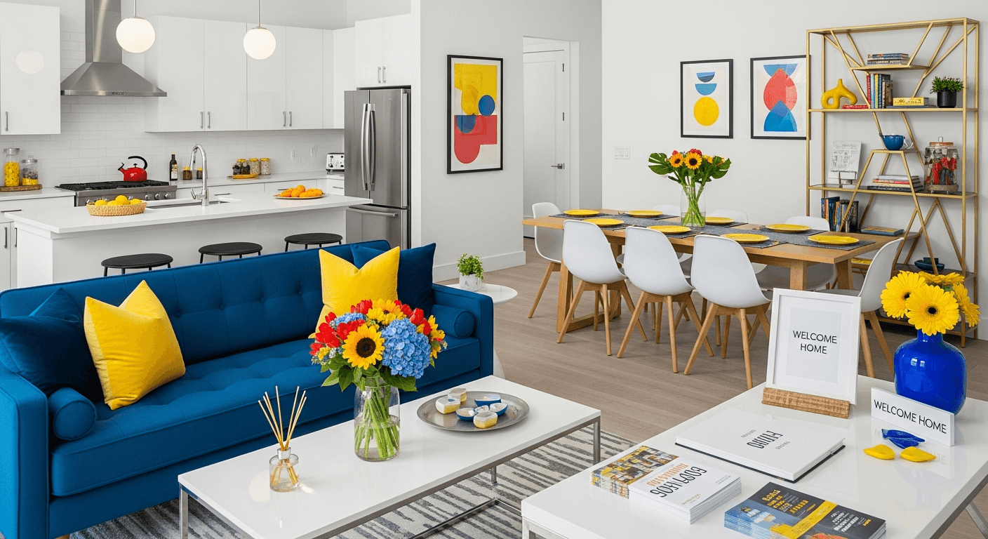 Modernes Wohnzimmer, für ein Open House Event inszeniert, mit Besuchern, die die Immobilie besichtigen