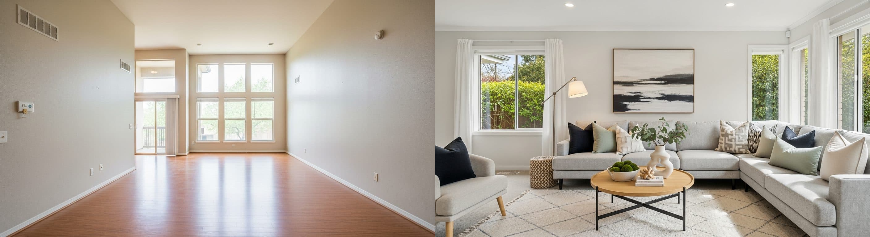 Wohnzimmer: Vorher vs. Nachher virtuelles Staging