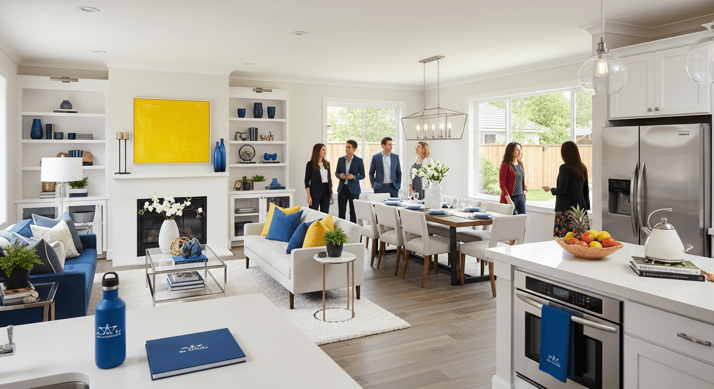 Modernes Wohnzimmer, für ein Open House Event inszeniert, mit Besuchern, die es erkunden