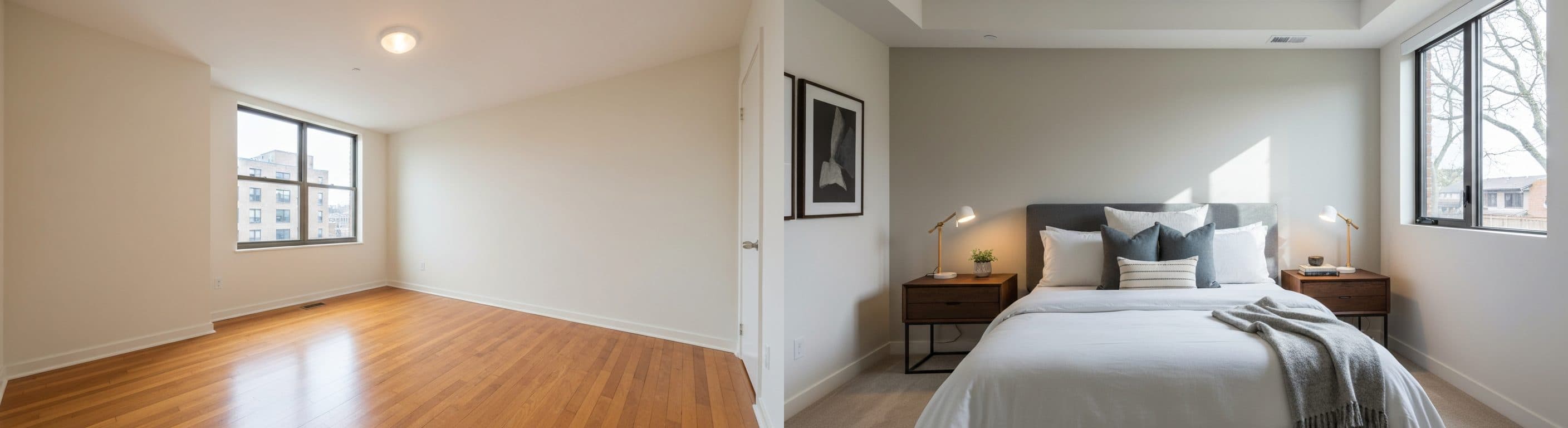 Schlafzimmer: vor vs. nach virtuellem Staging