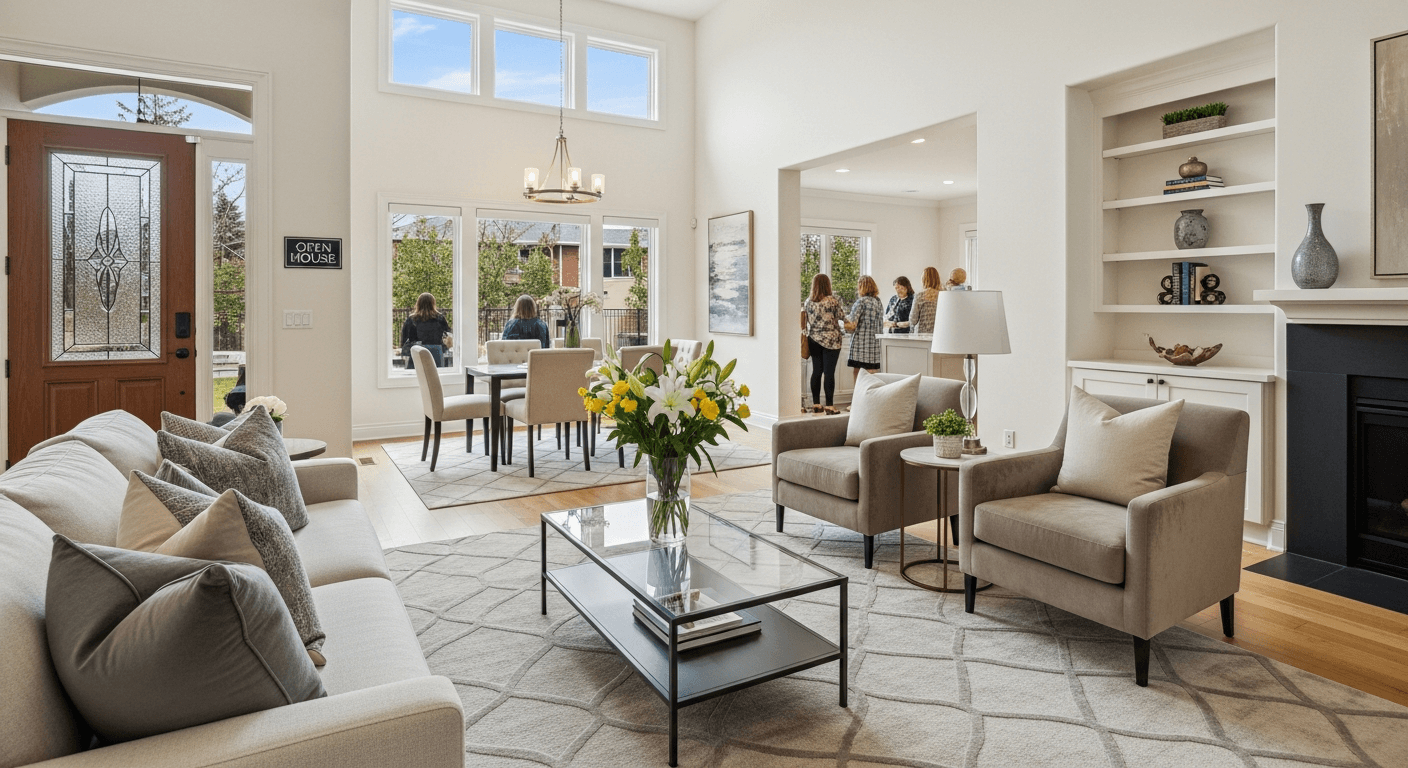 Modernes Wohnzimmer, für ein Open House Event mit Besuchern inszeniert