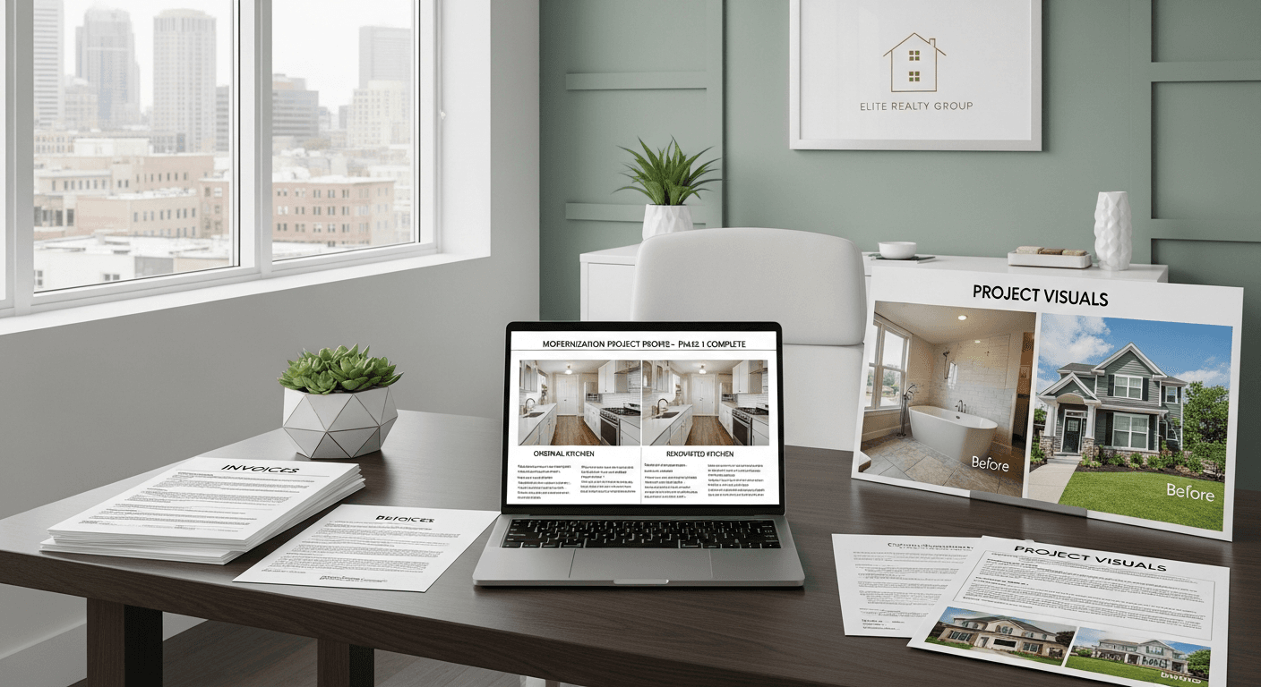 Organisierter Ordner mit Modernisierungsnachweisen, Checklisten und Beispielen für den Immobilienverkauf