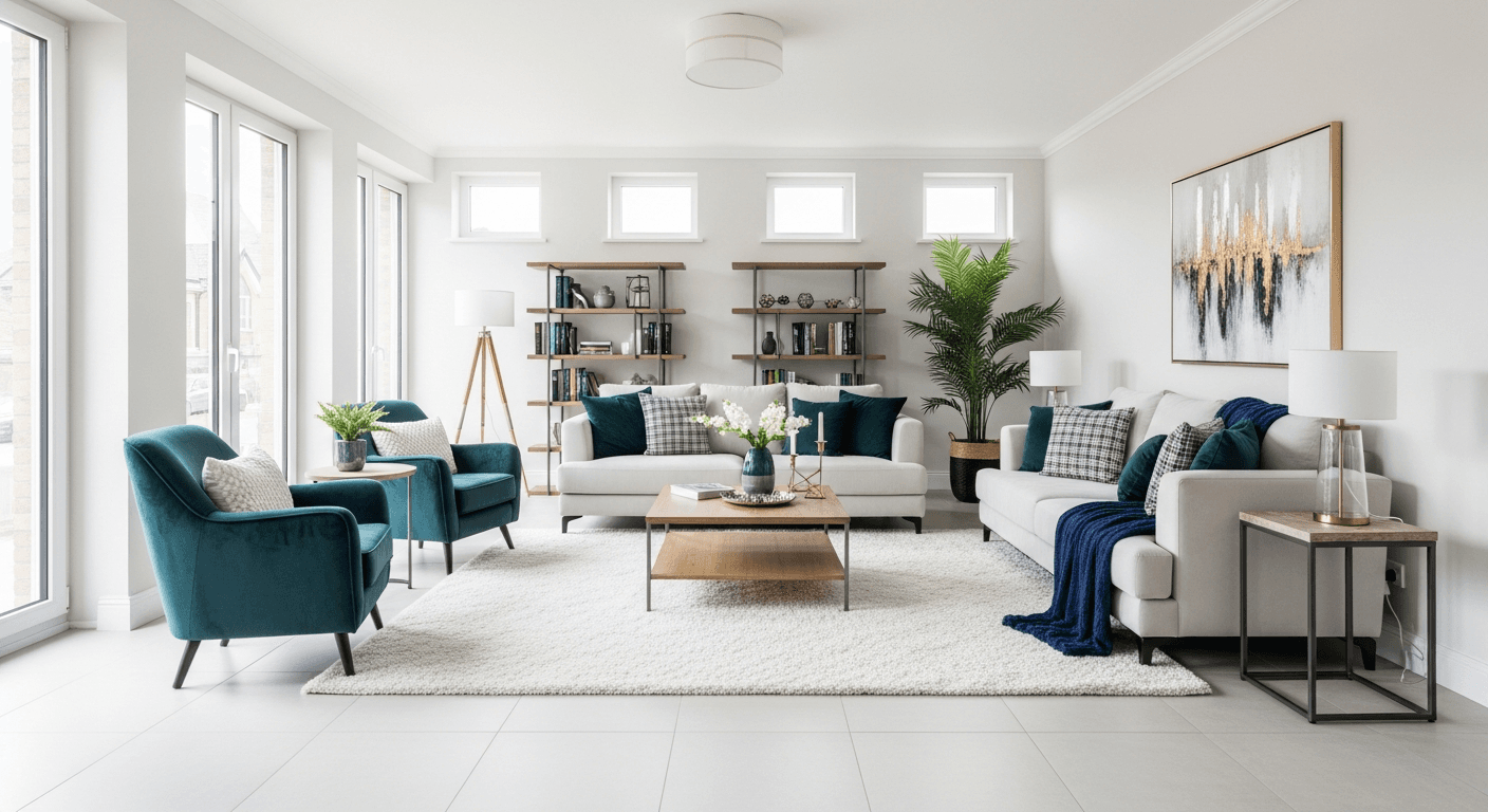 Ein wunderschön inszeniertes Wohnzimmer mit potenziellen Käufern, die die Immobilie besichtigen, wodurch Ghosting nach Besichtigungen reduziert wird