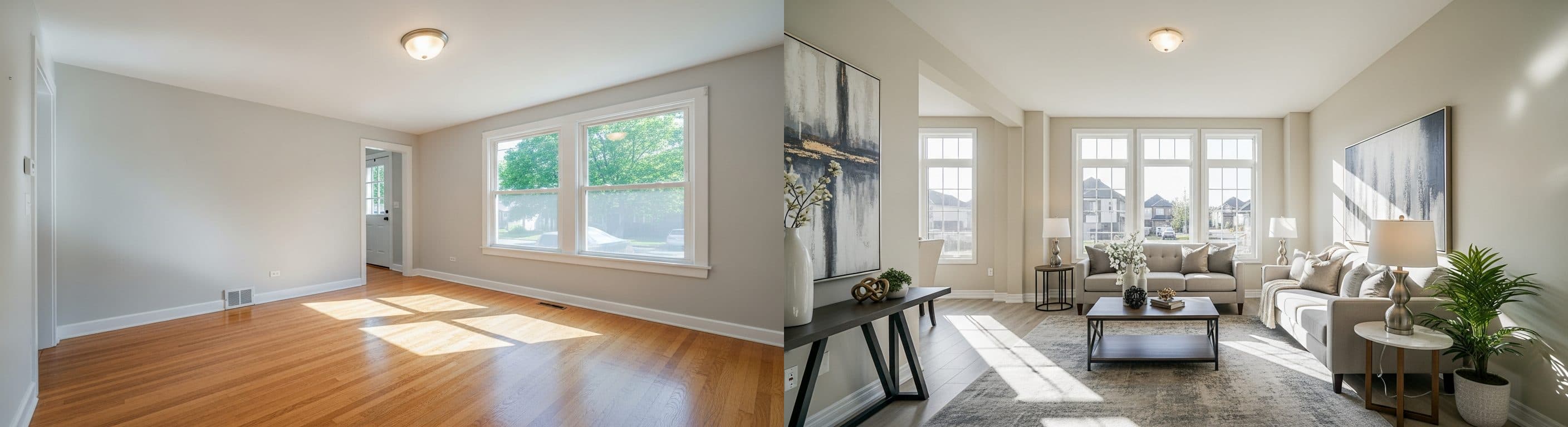 Living Room: before vs after virtual staging