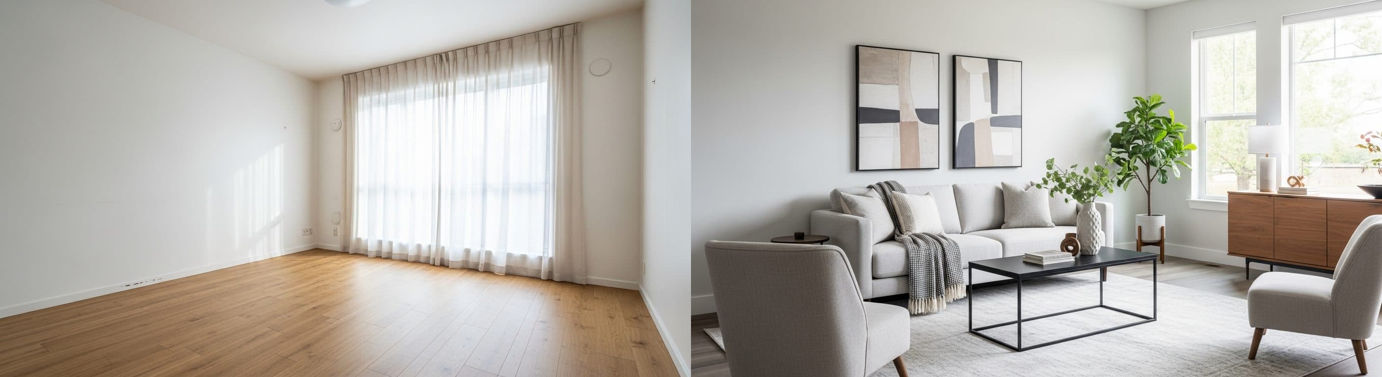 Wohnzimmer: Vorher vs. Nachher (Virtual Staging)