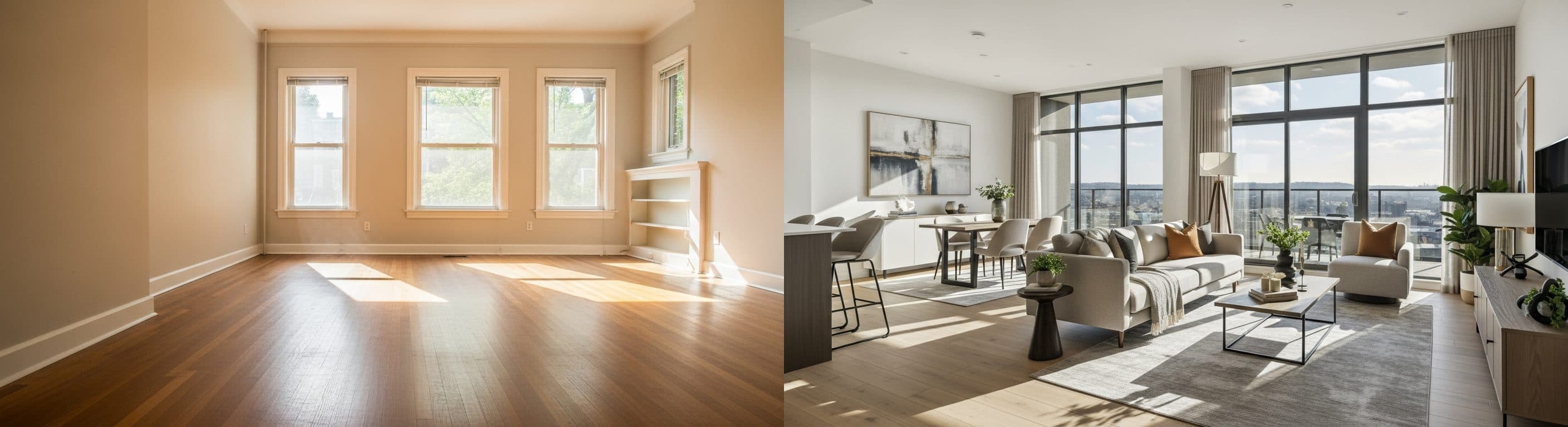 Living Room: before vs after virtual staging