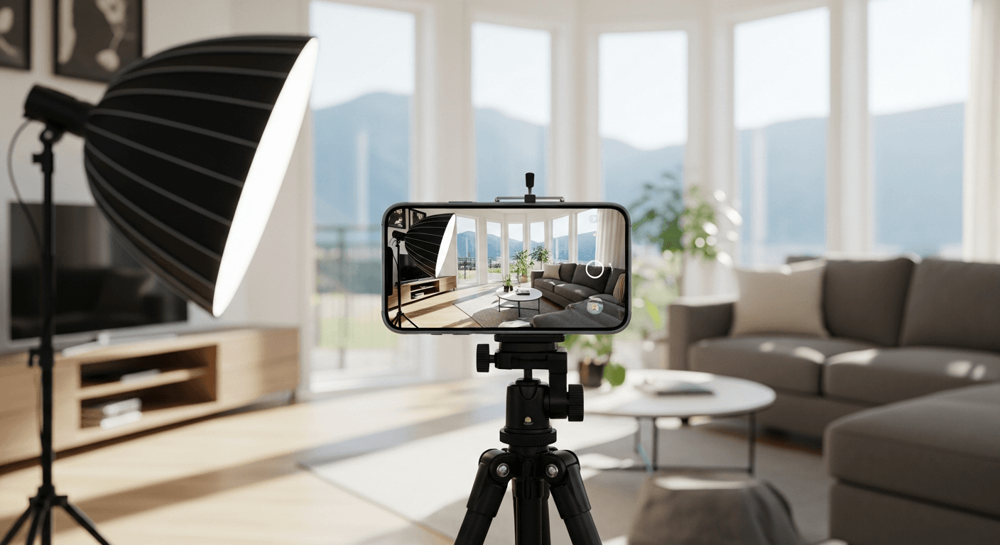Ein professionell eingerichtetes Zimmer mit natürlichem Licht, fotografiert mit einem Smartphone auf einem Stativ