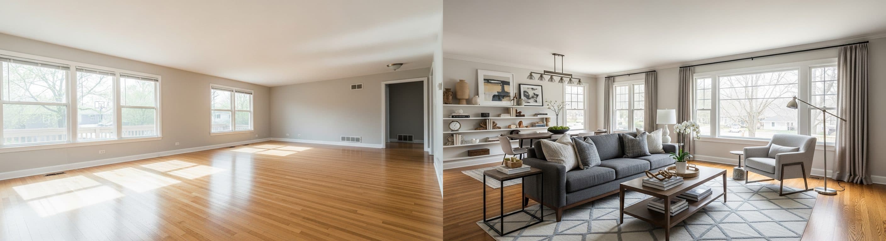 Wohnzimmer: Vorher vs. nach virtuellem Staging