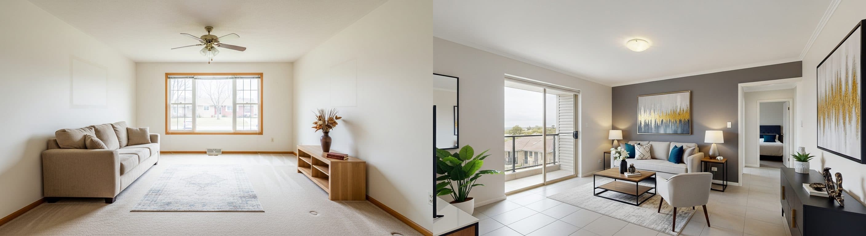 Wohnzimmer: vor und nach virtuellem Staging