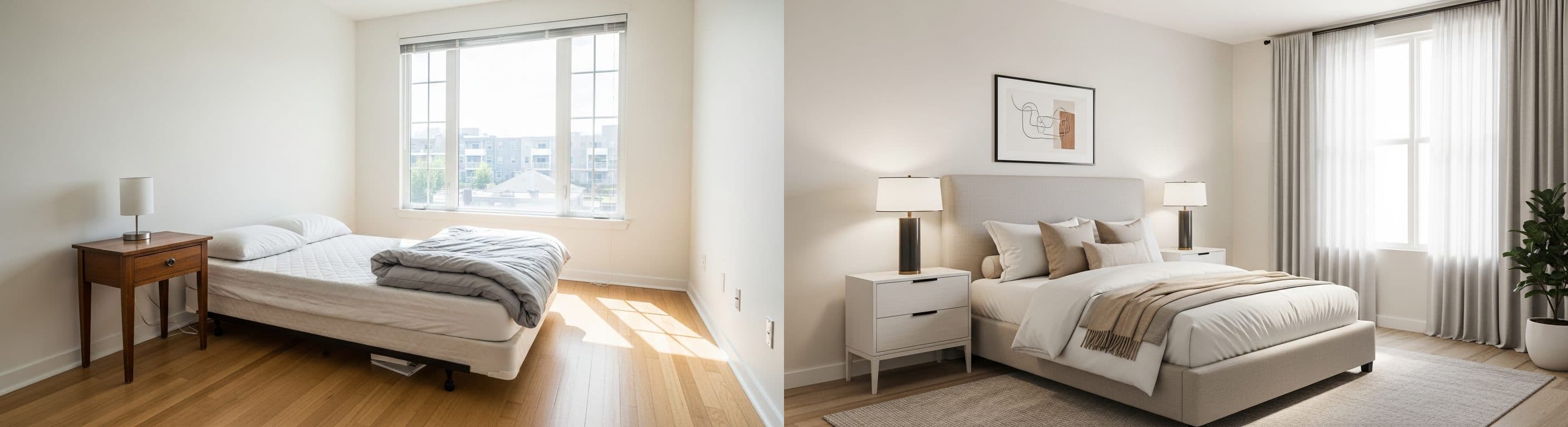 Schlafzimmer: Vorher vs. Nachher (virtuelles Staging)