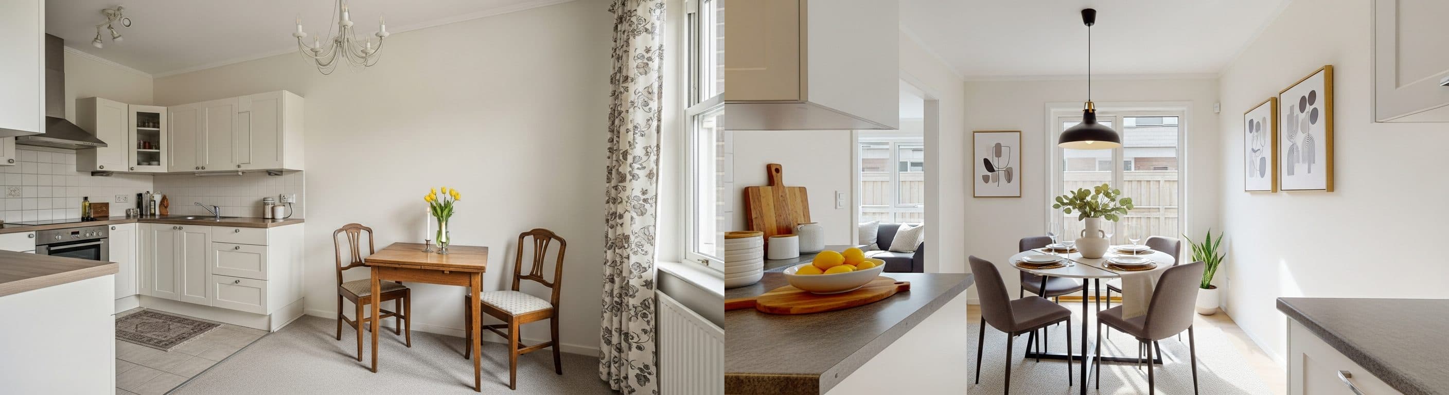 Essbereich / Küche: Vorher vs. Nachher (virtuelles Staging)